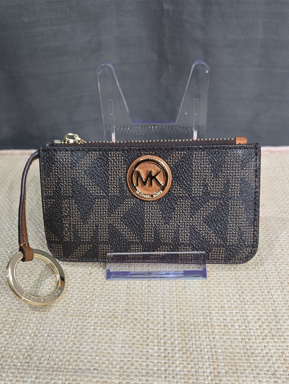 Michael Kors Brown Logo Zip Card Holder Keychain with Gold Tone Hardware